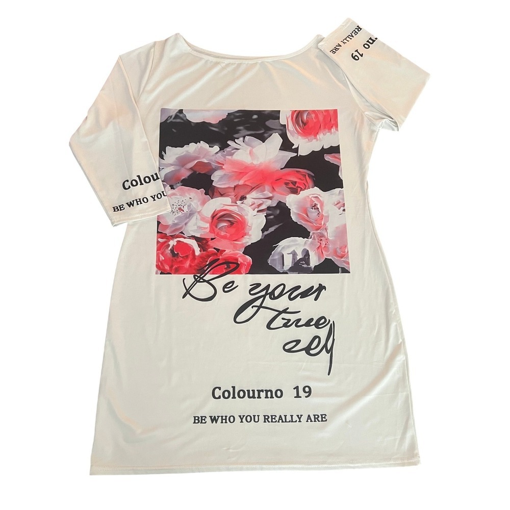 Colourno 19 Women 1XL Floral T-Shirt Dress Be Your True Self Cream (1187)